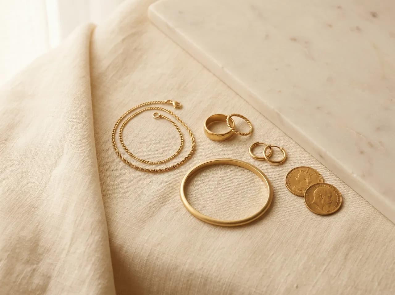 Flat-lay από χρυσές αλυσίδες, δαχτυλίδια, βραχιόλι, σκουλαρίκια και λίρες σε cream λινό και μάρμαρο, σε ζεστό φως
